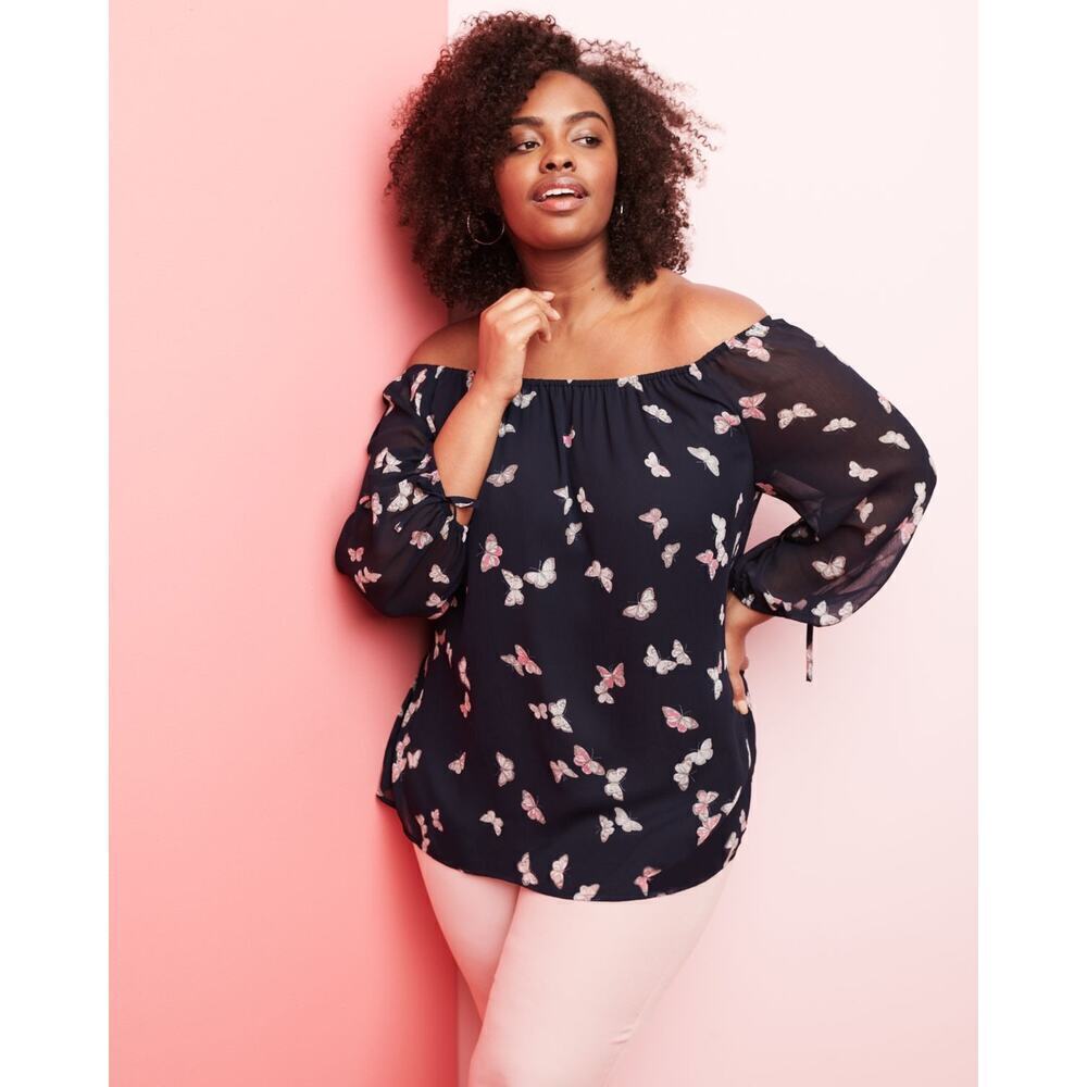 Roz & Ali Size Large Butterfly Print Off The Shoulder Blouse Top Navy Blue